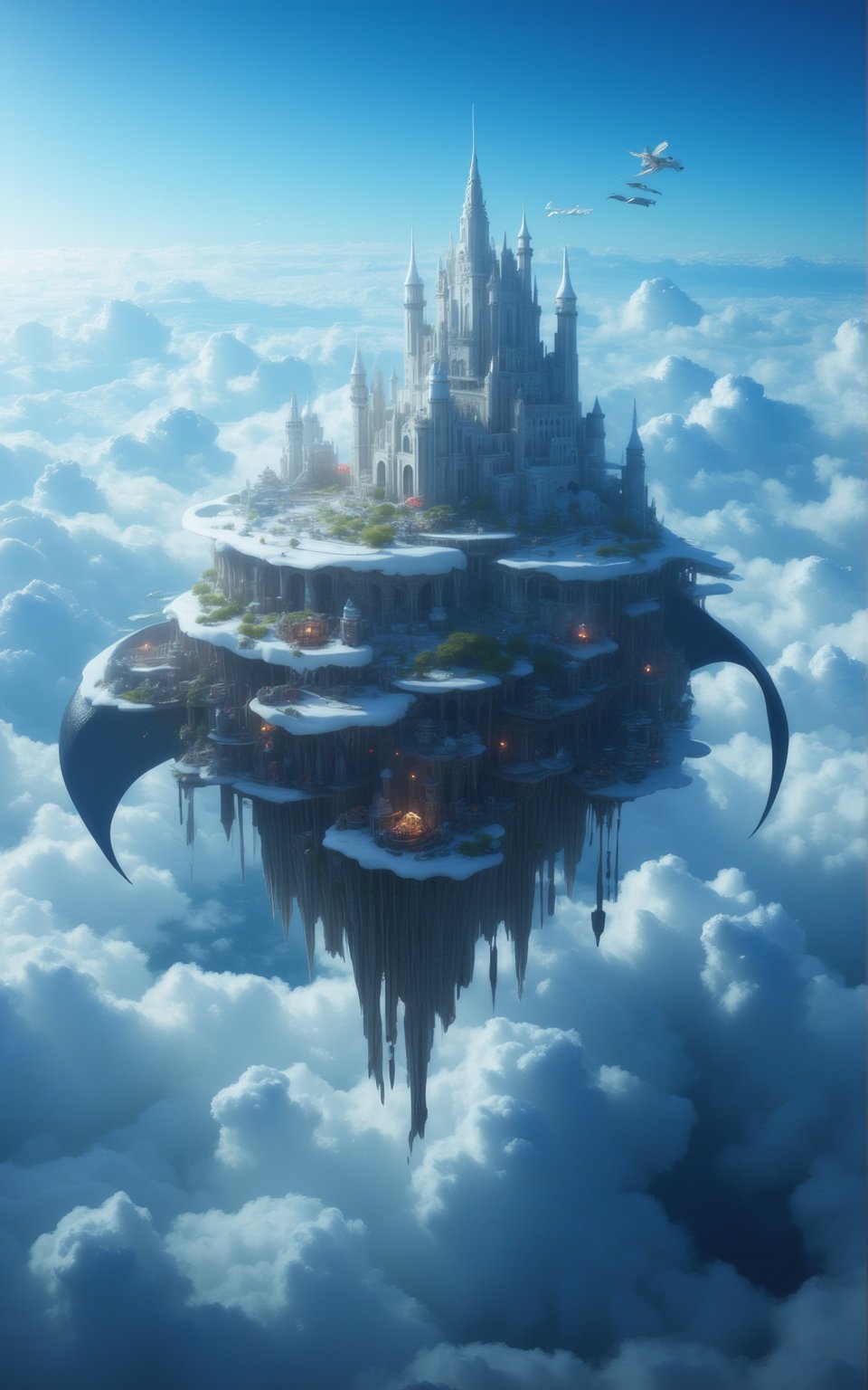 A flying manta ray in the sky carrying an a civilization at its back, a kingdom co-existing on the giant manta ray back, thriving, a castle is seen at the center of civilization, vast fantasy world, blue sky with clouds,