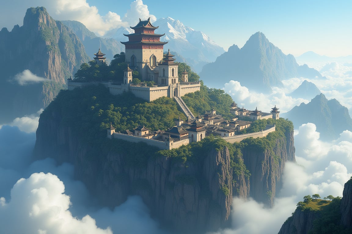 skyworld, island in the sky, massive fantastical scenery, fantasy world building, exotic town occupying wide area, tall castle, fortified oriental castle at the center of town build into a mountain, surrounded by limestone wall, mountain geography, sorrounded by clouds, realism, hyper realistic, photography, blurry effect, Best quality, 4K, 8K, high-resolution, masterpiece, ultra-detailed, photorealistic, soft natural volumetric cinematic perfect light, 
.
.
Digital illustration, Digital Painting, digital art style, fantasy detailers, more details, oil painting effect, fantasy art style, 