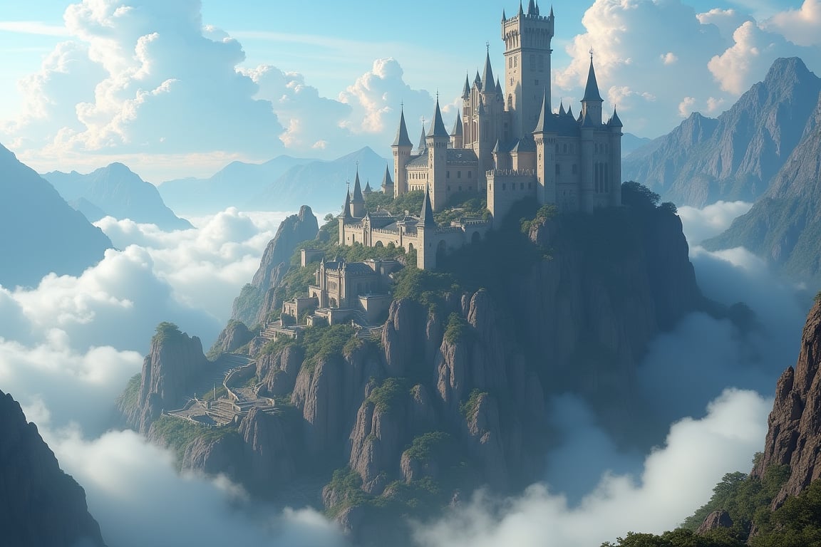 skyworld, island in the sky, massive fantastical scenery, fantasy world building, exotic town occupying wide area, fortified castle, tall castle at the center of town, surrounded by limestone wall, castle build into mountain, wide terrain, mountain geography, sorrounded by clouds and mist, realism, hyper realistic, photography, blurry effect, Best quality, 4K, 8K, high-resolution, masterpiece, ultra-detailed, photorealistic, soft natural volumetric cinematic perfect light, 
.
.
Digital illustration, Digital Painting, digital art style, fantasy detailers, more details, oil painting effect, fantasy art style, 