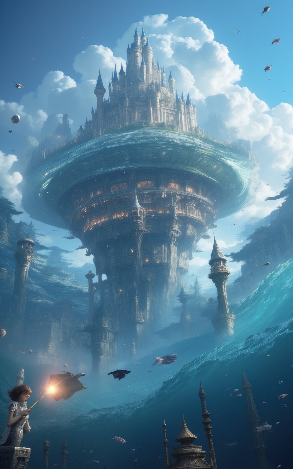 A flying manta ray carrying an a civilization at its back, flying in the sky, a massive kingdom resides on the giant manta ray's back thriving, a castle is seen at the center of civilization, vast fantasy world, blue sky with clouds,