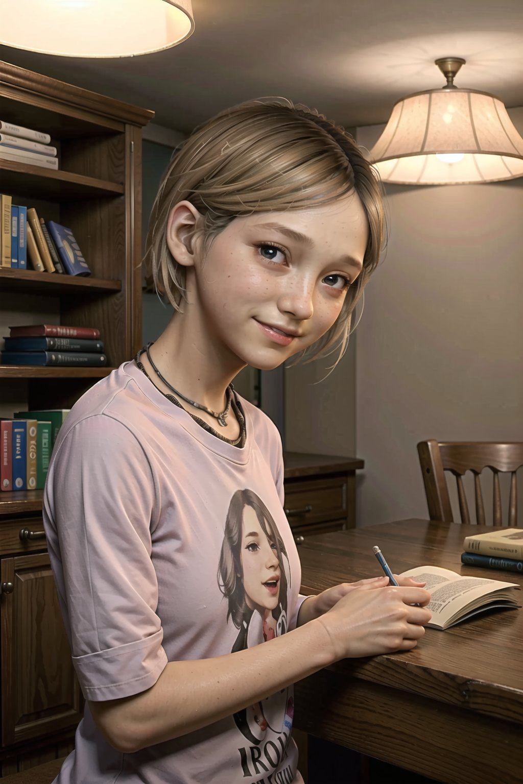 portrait, sarah miller, 12 year old, smile, looking at viewer, female child, studying, short, indoors, well lit, study room with book shelf fill with books,