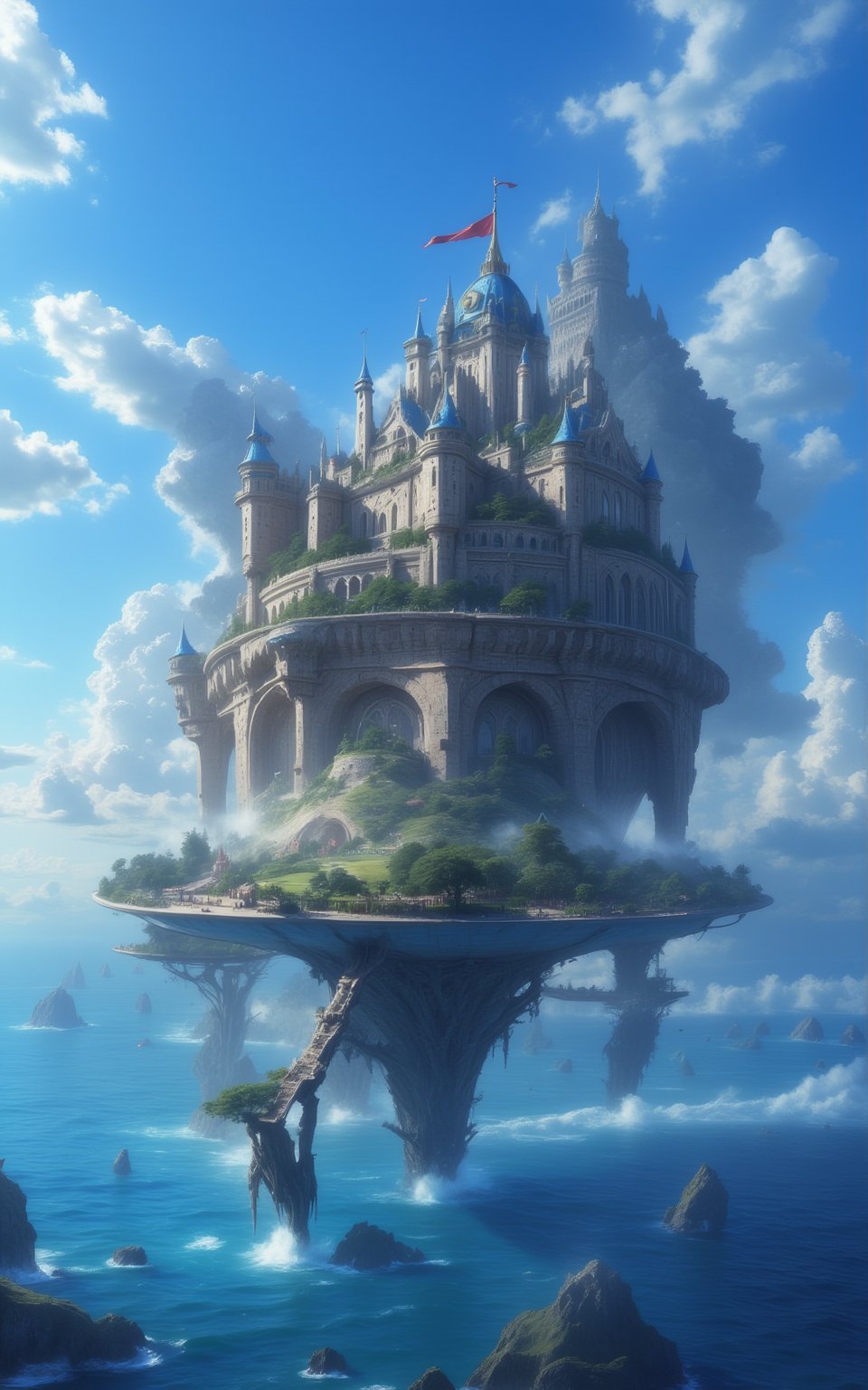 A massive flying whale carrying an entire civilization at its back, flying in the sky, a massive kingdom resides on the giant manta ray's back thriving, a castle is seen at the center of civilization, vast fantasy world, blue sky with clouds,