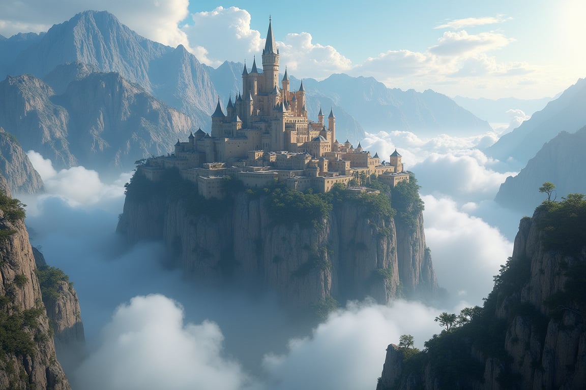 skyworld, island in the sky, massive fantastical scenery, fantasy world building, exotic town occupying wide area, big castle at the center of town, surrounded by limestone wall, mountain geography, sorrounded by clouds, realism, hyper realistic, photography, blurry effect, Best quality, 4K, 8K, high-resolution, masterpiece, ultra-detailed, photorealistic, soft natural volumetric cinematic perfect light, 
.
.
Digital illustration, Digital Painting, digital art style, fantasy detailers, more details, oil painting effect, fantasy art style, 