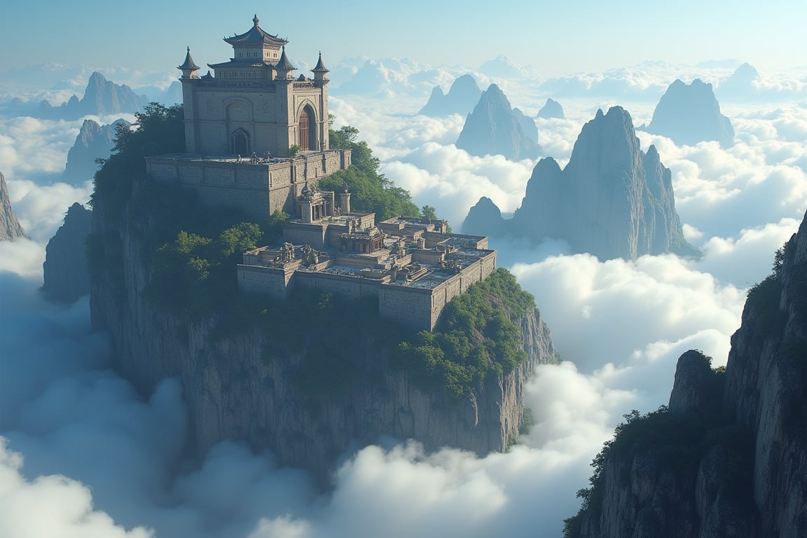 skyworld, island in the sky, massive fantastical scenery, fantasy world building, exotic town occupying wide area, big oriental castle at the center of town build into a mountain, surrounded by limestone wall, mountain geography, sorrounded by clouds, realism, hyper realistic, photography, blurry effect, Best quality, 4K, 8K, high-resolution, masterpiece, ultra-detailed, photorealistic, soft natural volumetric cinematic perfect light, 
.
.
Digital illustration, Digital Painting, digital art style, fantasy detailers, more details, oil painting effect, fantasy art style, 