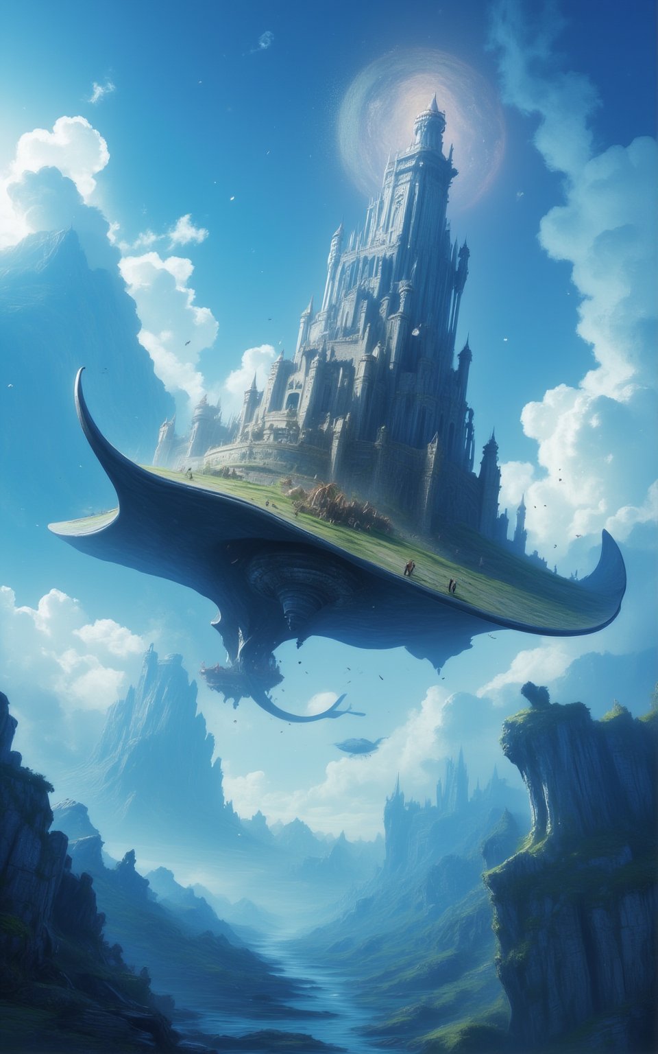 A giant manta ray flying in the sky, carrying an entire civilization at its back, a massive kingdom resides on the giant manta ray's back thriving, a tall stone castle is seen at the center of civilization, vast fantasy world, blue sky with clouds,