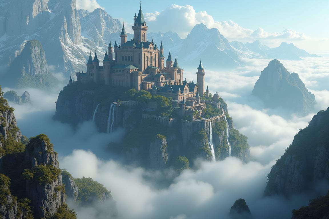 skyworld, floating castle island in the sky, massive fantastical scenery, fantasy world building, exotic town occupying wide area, fortified castle, tall castle at the center of town, surrounded by limestone wall, castle build into mountain, wide terrain, mountain geography, sorrounded by clouds and mist, realism, hyper realistic, photography, blurry effect, Best quality, 4K, 8K, high-resolution, masterpiece, ultra-detailed, photorealistic, soft natural volumetric cinematic perfect light, 
.
.
Digital illustration, Digital Painting, digital art style, fantasy detailers, more details, oil painting effect, fantasy art style, 