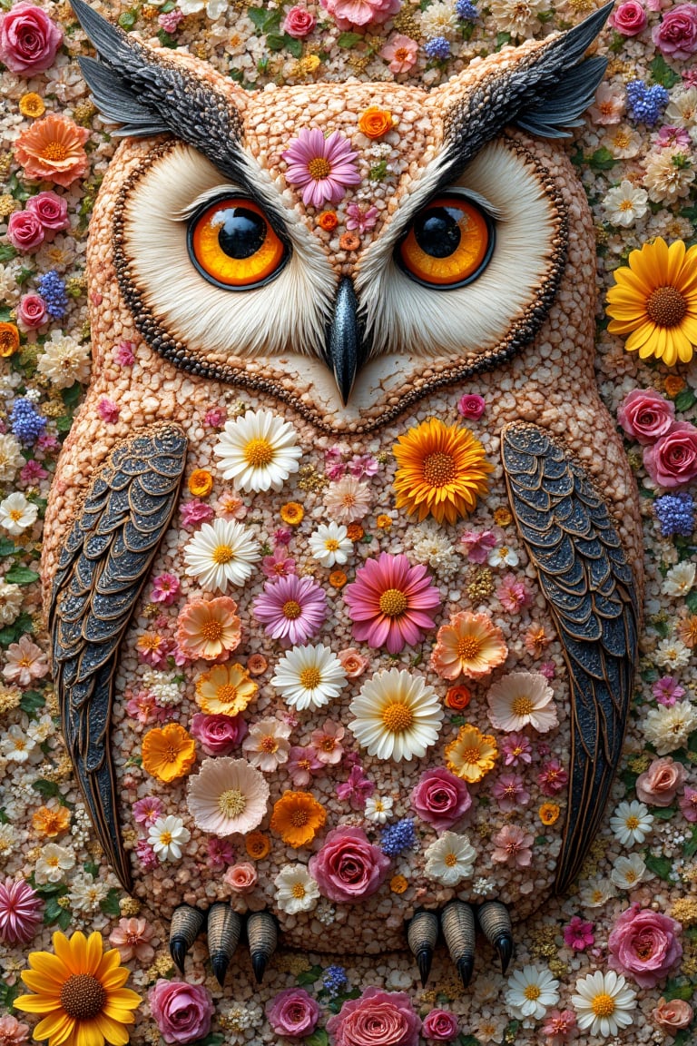 Mosaic of floral owls, each owl intricately composed of individual flower blossoms, delicate balance of nature and form, feathers replaced by vibrant petals and blooms, whimsical yet detailed, floral elements contributing to intricate patterns of owl’s body, raw organic style, natural hues, soft textures, harmonious blend of flora and fauna, mosaic arrangement adding depth and visual intrigue, evoking sense of wonder and artistic beauty.