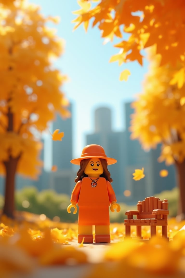 A warm autumn afternoon scene: a petite LEGO woman stands in front of a miniature cityscape, surrounded by a blanket of golden leaves gently falling from the sky. The woman's bright orange dress and matching hat harmonize with the vibrant foliage, while her hands grasp a small, intricately designed wooden bench. Framed against a soft blue sky, the scene is bathed in warm sunlight that highlights the texture of the LEGO bricks and the delicate curves of the leaves.