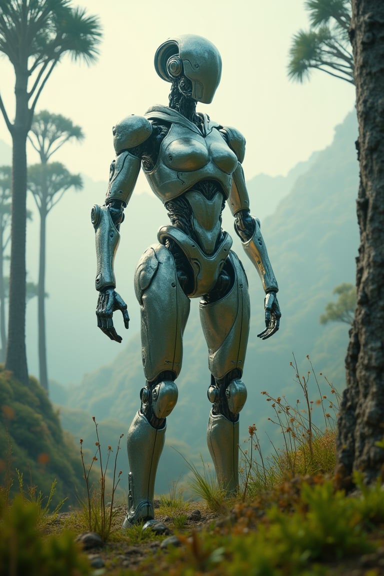 A cinematic shot of a futuristic robot in the wilderness, its body covered in shimmering venom. The robot stands tall, its metallic limbs glistening under the soft, ethereal light of a fantasy landscape. The background features towering, otherworldly trees and a misty horizon. The composition is dynamic, with the robot's pose exuding power and mystery, framed to emphasize its grandeur against the surreal wilderness.