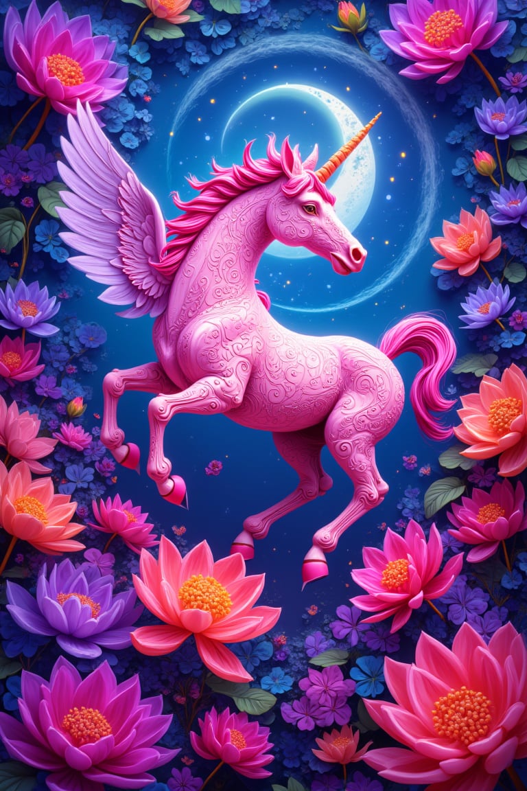 Vibrant 3D quilled unicorn, intricate paper art in brilliant vivid colors, fluttering amidst colorful lotus flowers and swirling patterns in sky, psychedelic charm, dreamy and fantastical elements, surreal fantasy world, highly detailed background with vivid hues and ethereal atmosphere, blending digital painting techniques with oil paint texture, high-resolution wide-angle composition, surrealistic hyper-realistic style, capturing intricate details and striking colors of otherworldly scene.