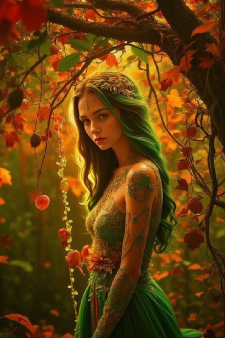 Whispering secrets beneath the vibrant canopy of entwined green, crimson, amber, and tangerine autumn leaves, Forrest's enchanting elf girl poses amidst nature's kaleidoscope, her ethereal features aglow with soft, warm lighting, as if infused by the golden hues of the surrounding foliage.,Enhanced all,crystalz