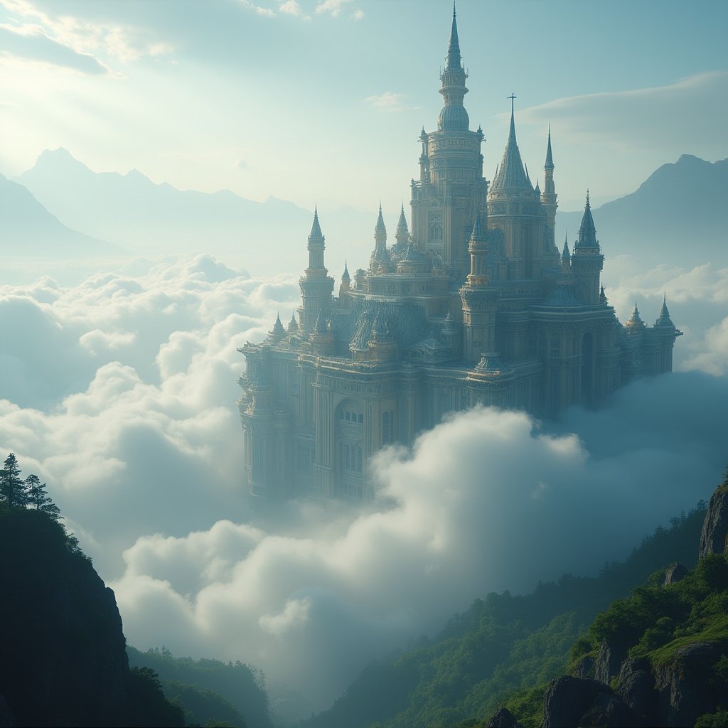 A cinematic, ultra-high-definition 8K shot of a futuristic, majestic palace perched atop thick clouds in a wilderness setting. The palace's intricate architecture glistens under the soft, ethereal light, with beams of sunlight breaking through the clouds. The composition is grand, capturing the palace's grandeur against the expansive sky. The wilderness backdrop features distant mountains and dense forests, adding to the scene's beauty and scale. The lighting is naturalistic, enhancing the palace's splendor and the surrounding nature's serenity.