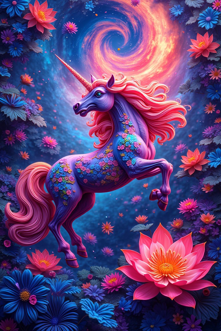 Vibrant 3D quilled unicorn, intricate paper art in brilliant vivid colors, fluttering amidst colorful lotus flowers and swirling patterns in sky, psychedelic charm, dreamy and fantastical elements, surreal fantasy world, highly detailed background with vivid hues and ethereal atmosphere, blending digital painting techniques with oil paint texture, high-resolution wide-angle composition, surrealistic hyper-realistic style, capturing intricate details and striking colors of otherworldly scene.