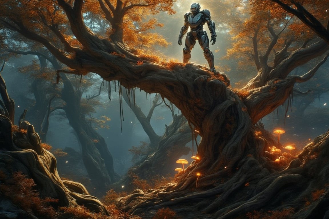 A robot standing atop a gnarled, ancient tree in a misty wilderness, bathed in warm autumn light. The 8K camera captures the intricate textures of the tree's bark and the robot's metallic skin as it gazes out upon a mystical landscape of twisted roots and glowing mushrooms.