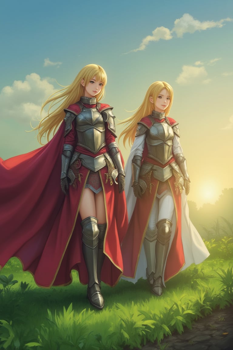 Anime scene featuring women resembling Alice from Sword Art Online, wearing detailed armor, standing on lush green grass. The composition captures them in a dynamic pose, with the sunlight casting a warm glow on their armor, highlighting their elegant and powerful presence amidst the natural landscape.