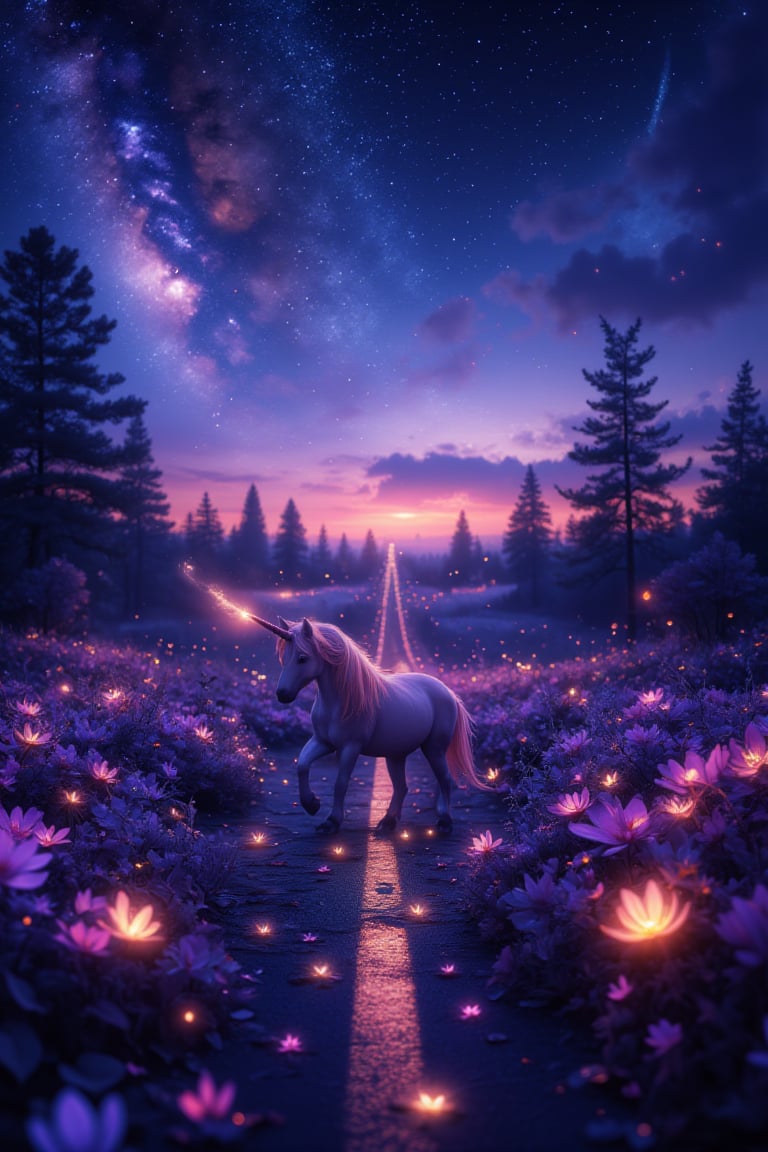 As dusk settles over this enchanting realm, a unicorn emerges, poised on the serene road amidst a tapestry of glowing bioluminescent flora. The air is alive with warmth, infused by the soft luminescence of the plants. Aurora lights dance across the horizon, casting a kaleidoscope of colors upon the ground. Glass stars scatter, imbuing the atmosphere with whimsy and magic. Framed at an angle, the camera showcases the textured beauty of the environment, highlighting the intricate details of the glowing plants in the foreground. The unicorn's gentle pose seems to radiate otherworldly energy, as if it's drawn from the very essence of this mystical world.