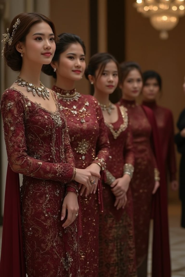 A group of elegant Indonesian girls at a party, each wearing a luxurious kebaya dress with unique patterns, exuding grace and charm. They are adorned with lavish jewelry, including diamond and pearl necklaces. The scene is ultra-high detailed, 8K resolution, with natural perfect lighting. The composition captures their poised and captivating presence, set in a grand, opulent location.