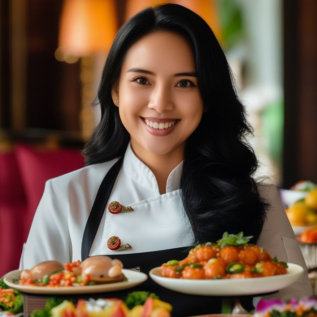 A beautiful Indonesian woman with long black hair, wearing a chef's outfit, smiles radiantly. She stands confidently in front of a table filled with luxurious food, framed in a close-up shot. The scene is brightly lit, highlighting her elegant attire and the sumptuous spread. The composition emphasizes her joyful expression and the opulent feast.