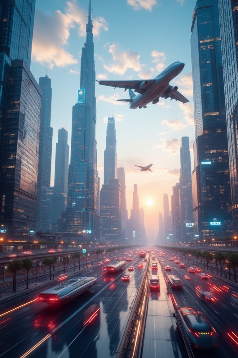 A cinematic VR shoot in ultra-high-definition 8K, showcasing a futuristic cityscape with towering, advanced skyscrapers. Sleek, sophisticated aircraft soar through the sky, while advanced vehicles navigate the bustling highways below. The composition is dynamic, capturing the city's vibrant energy and technological prowess. The lighting is vibrant, highlighting the city's modern architecture and the interplay of light and shadow. The scene evokes a sense of awe and wonder, immersing the viewer in the grandeur of the future metropolis.