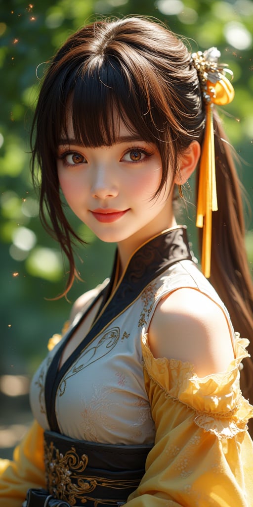 Portrait front, realistic woman ((masterpiece, best quality)), high resolution, ultra detailed, 8k, 16k, detailed background, perfect lighting, look_at_viewer, full body shot, wearing Sushang HSR costume, brown eyes, brown hair, twintail, hair ornament, smile, outdoors, natural sunlight, lush green surroundings, soft shadows, intricate details, dynamic composition.