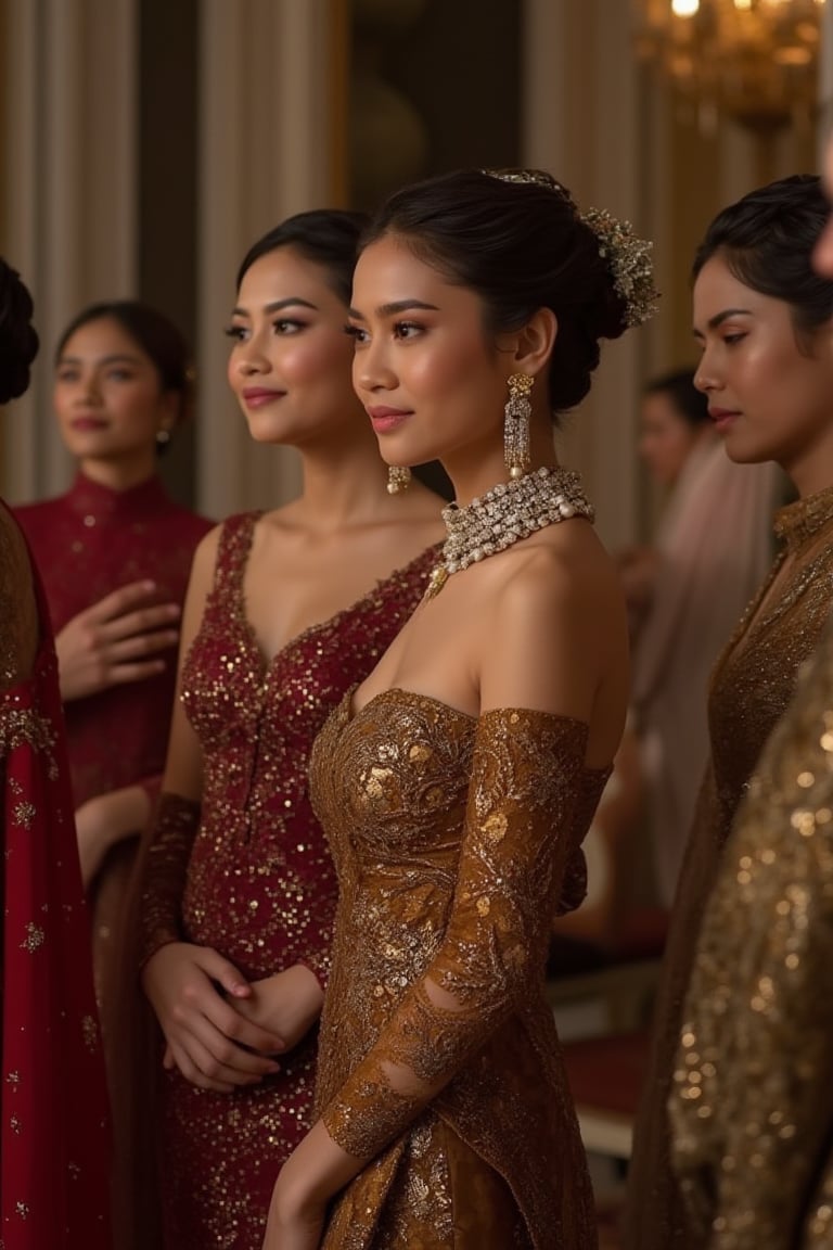 A group of elegant Indonesian girls at a party, each wearing a luxurious kebaya dress with unique patterns, exuding grace and charm. They are adorned with lavish jewelry, including diamond and pearl necklaces. The scene is ultra-high detailed, 8K resolution, with natural perfect lighting. The composition captures their poised and captivating presence, set in a grand, opulent location.