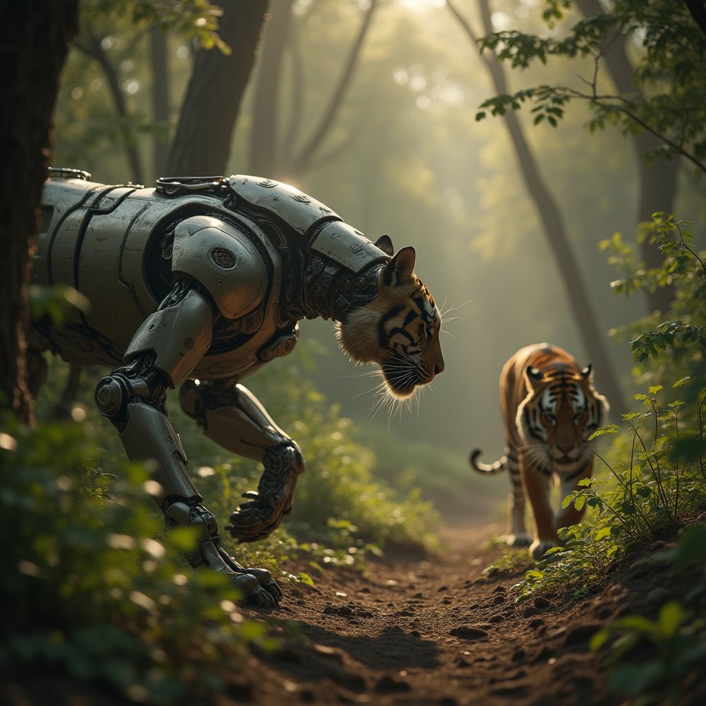 A cinematic, ultra-high-definition 8K shot of a futuristic robot rusa hunting a tiger in the wilderness. The robot's metallic body reflects the dappled sunlight filtering through dense foliage. The tiger prowls stealthily, its fur blending with the shadows. The composition is dynamic, capturing the intense moment of the hunt, with the robot rusa poised and ready. The lighting is naturalistic, enhancing the realism of the scene set in a rugged, untamed landscape.