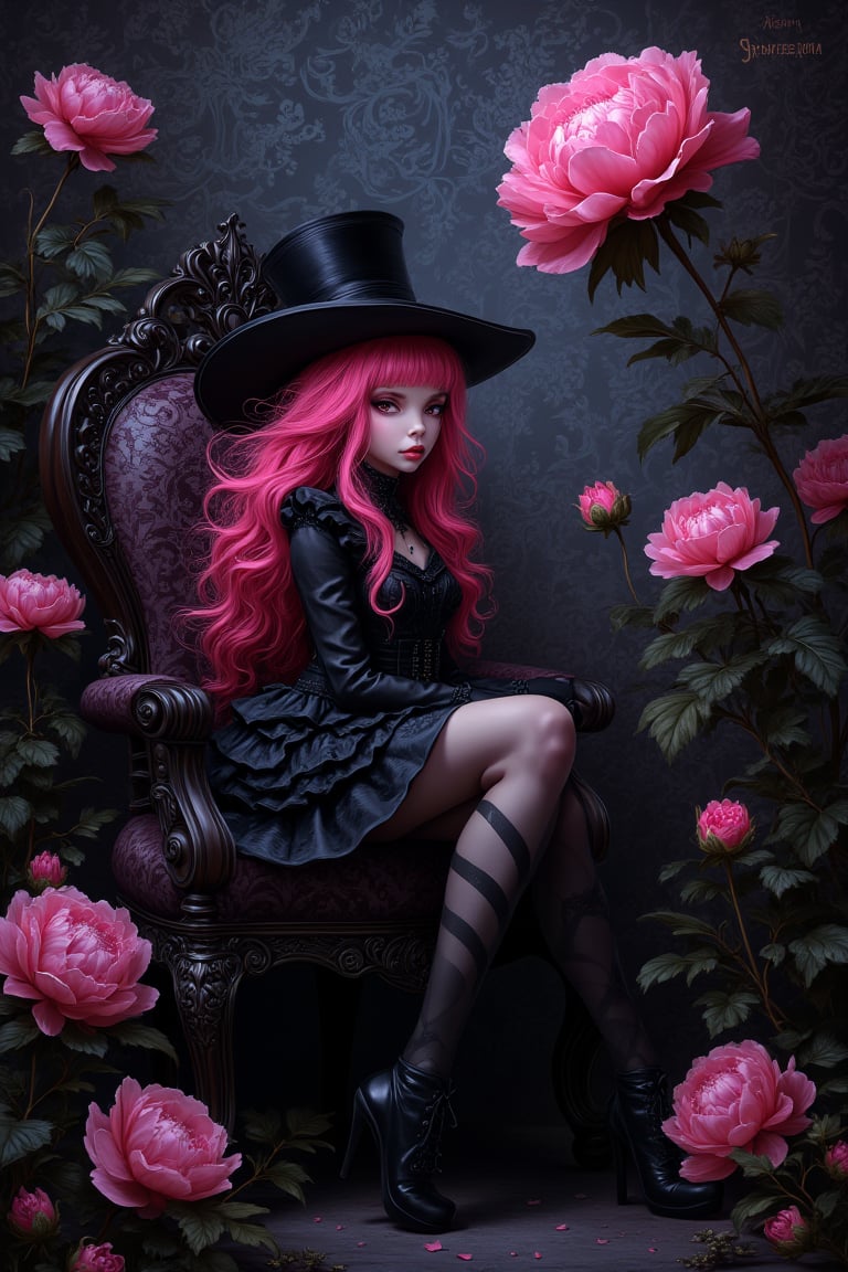 Gothic whimsical illustration, fairy with pink hair sitting on ornate chair beside tall pink peony, large black top hat, gothic maiden style with black stripes, air of evil intent, realistic and vibrant, inspired by James Sessions and Nicoletta Ceccoli, oil painting format, dark gothic pattern background, detailed composition, dynamic lighting, focused on fairy's mysterious pose, immersive environment blending fantasy and gothic elements.