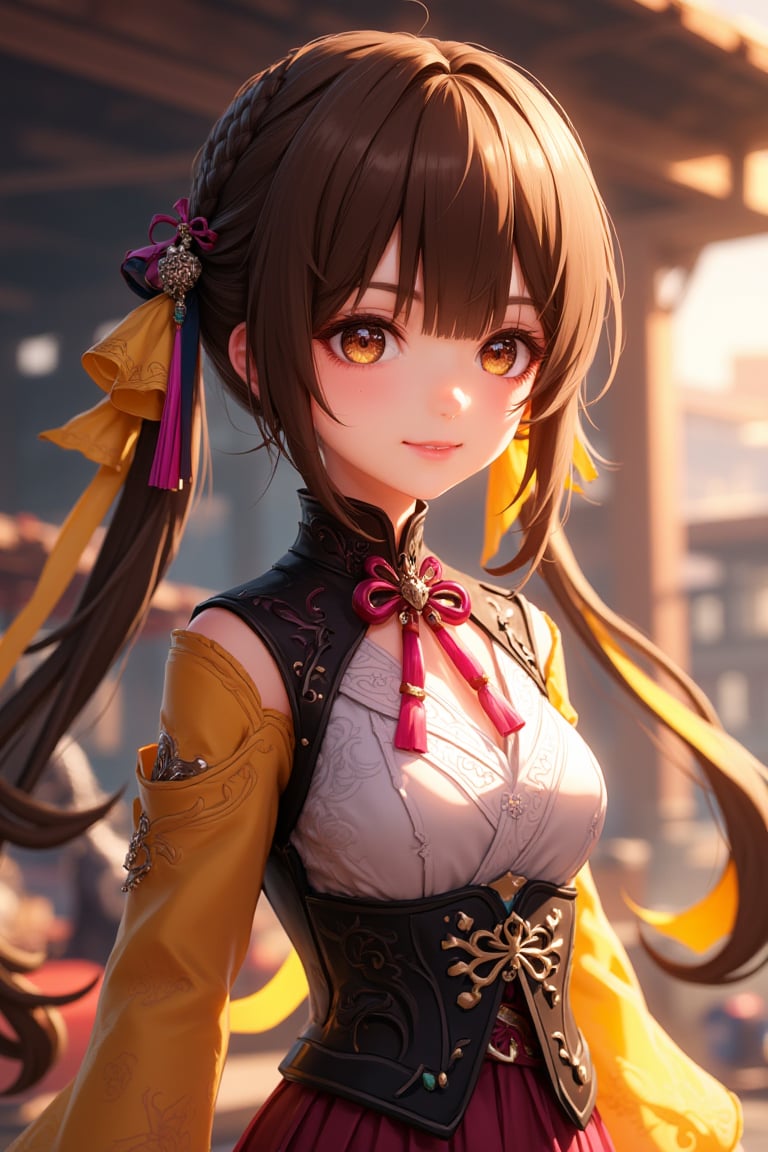 ((masterpiece, best quality)), high resolution, ultra detailed, 8k, 16k, detailed background, perfect lighting, 1girl, look_at_viewer, cowboy shot, Sushang HSR, brown eyes, brown hair, twintail, hair ornament, smile, standing confidently, vibrant environment, soft shadows, intricate details, dynamic composition.