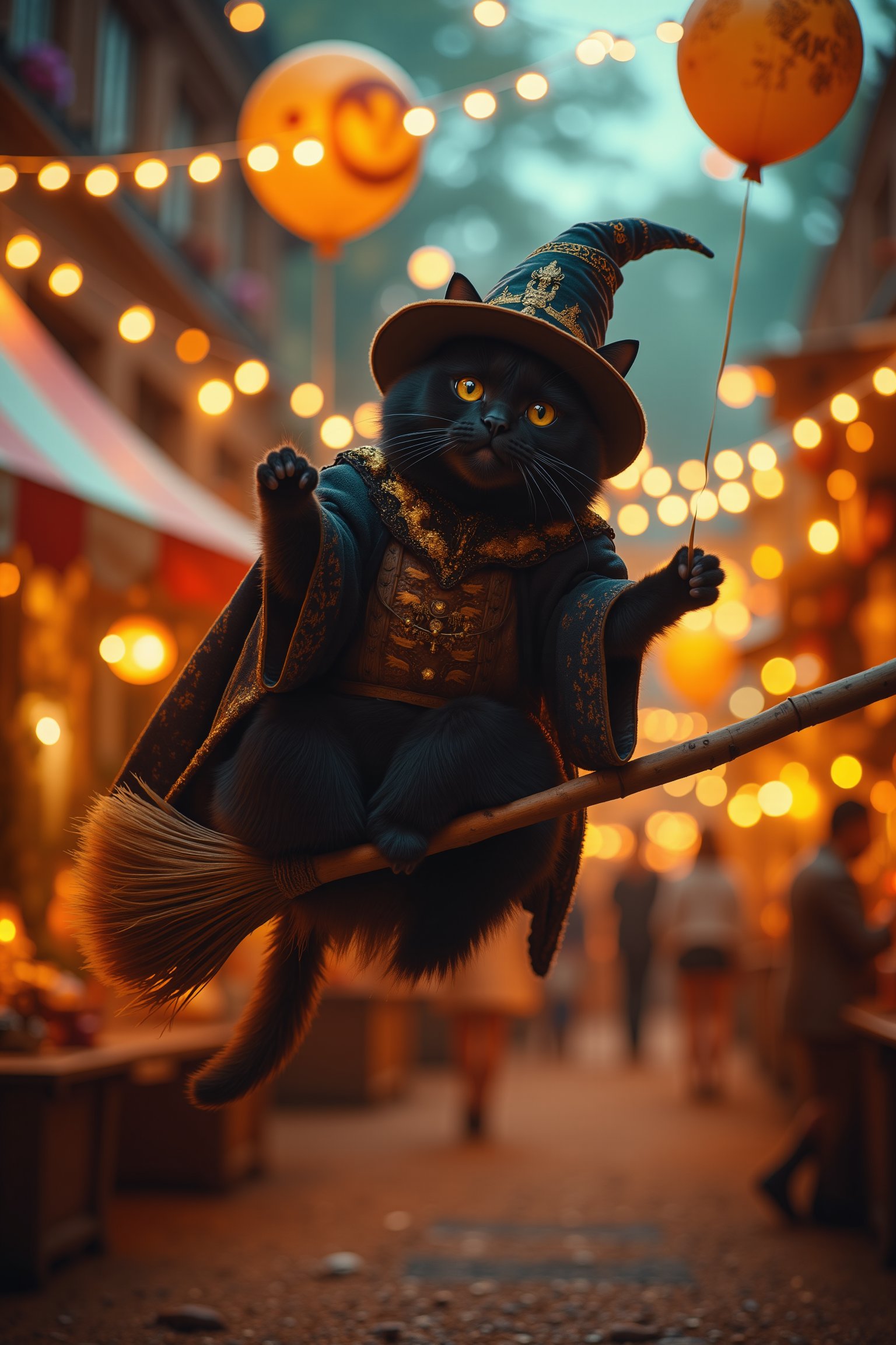 A mystical black cat, donning wizard attire and hat, soars through the air on a magic broom, balloon tightly grasped, amidst Oktoberfest's vibrant atmosphere: colorful tents, twinkling lights, laughter, and music. Framed from a low-angle shot, the camera gazes up at the whimsical scene bathed in warm golden lighting, emphasizing the magic of this supernatural moment.