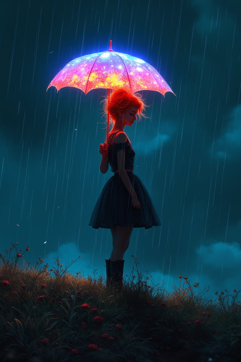 Surreal hand-drawn digital artwork, mysterious red-haired woman standing on grassy hill under rain, holding umbrella crafted from iridescent zircon, vibrant sheen contrasting with soft rainy atmosphere, dreamlike scene blending natural elements of hill and rain with otherworldly shimmer of umbrella, detailed composition, dynamic lighting, focused on woman's enigmatic pose, immersive environment combining natural and fantastical elements.