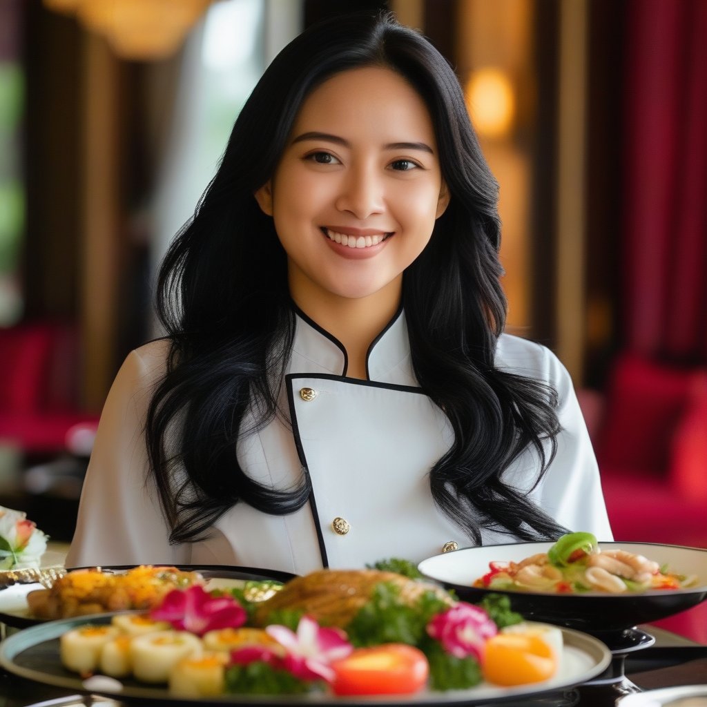 Desi Triani, a beautiful Korean-Indonesian woman with long black hair, wears a chef's outfit and smiles radiantly. She stands confidently in front of a table filled with luxurious food, framed in a close-up shot. The scene is brightly lit, highlighting her elegant attire and the sumptuous spread. The composition emphasizes her joyful expression and the opulent feast.