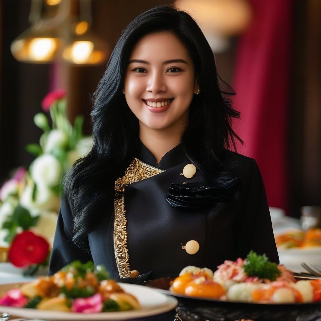 Desi Triani, a beautiful Korean-Indonesian woman with long black hair, wears a chef's outfit and smiles radiantly. She stands confidently in front of a table filled with luxurious food, framed in a close-up shot. The scene is brightly lit, highlighting her elegant attire and the sumptuous spread. The composition emphasizes her joyful expression and the opulent feast.