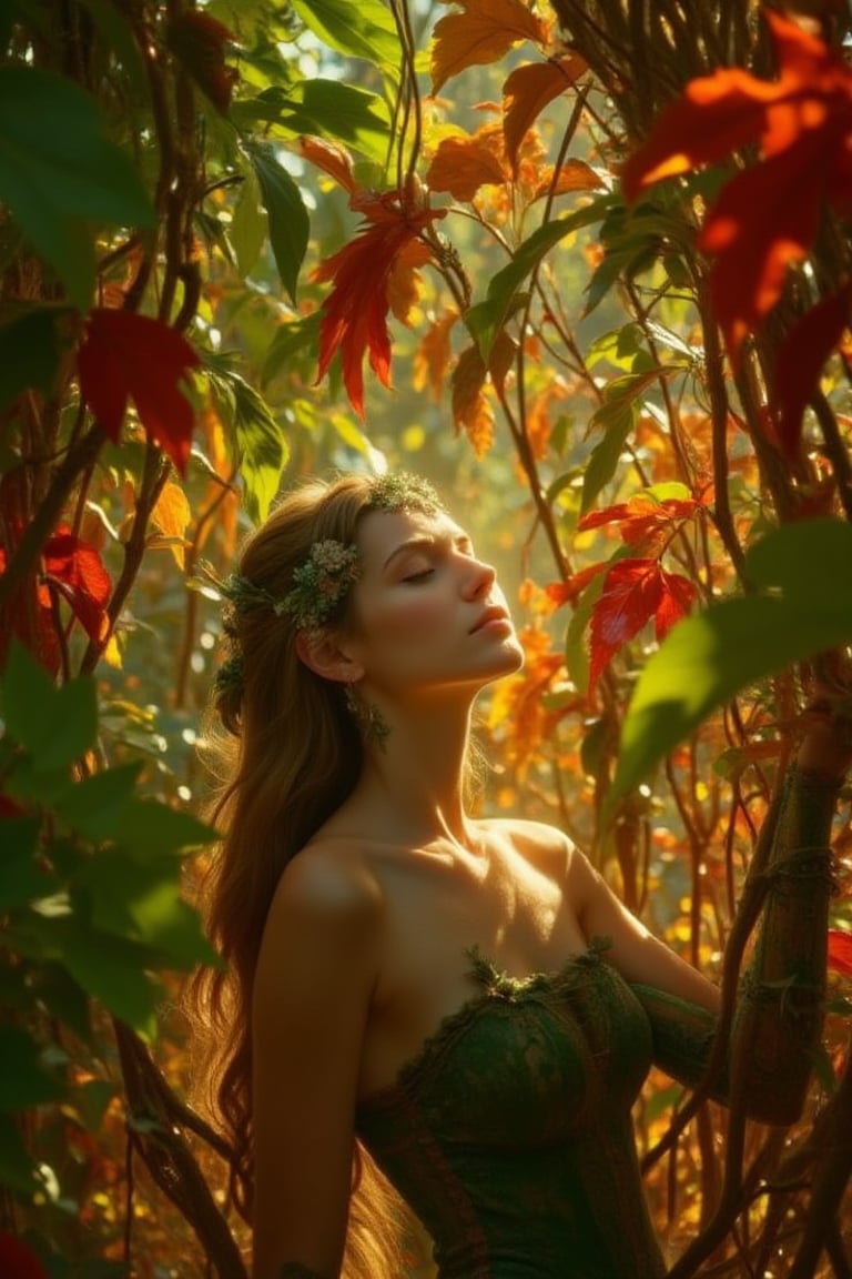 Whispering secrets beneath the vibrant canopy of entwined green, crimson, amber, and tangerine autumn leaves, Forrest's enchanting elf girl poses amidst nature's kaleidoscope, her ethereal features aglow with soft, warm lighting, as if infused by the golden hues of the surrounding foliage.,Enhanced all,crystalz