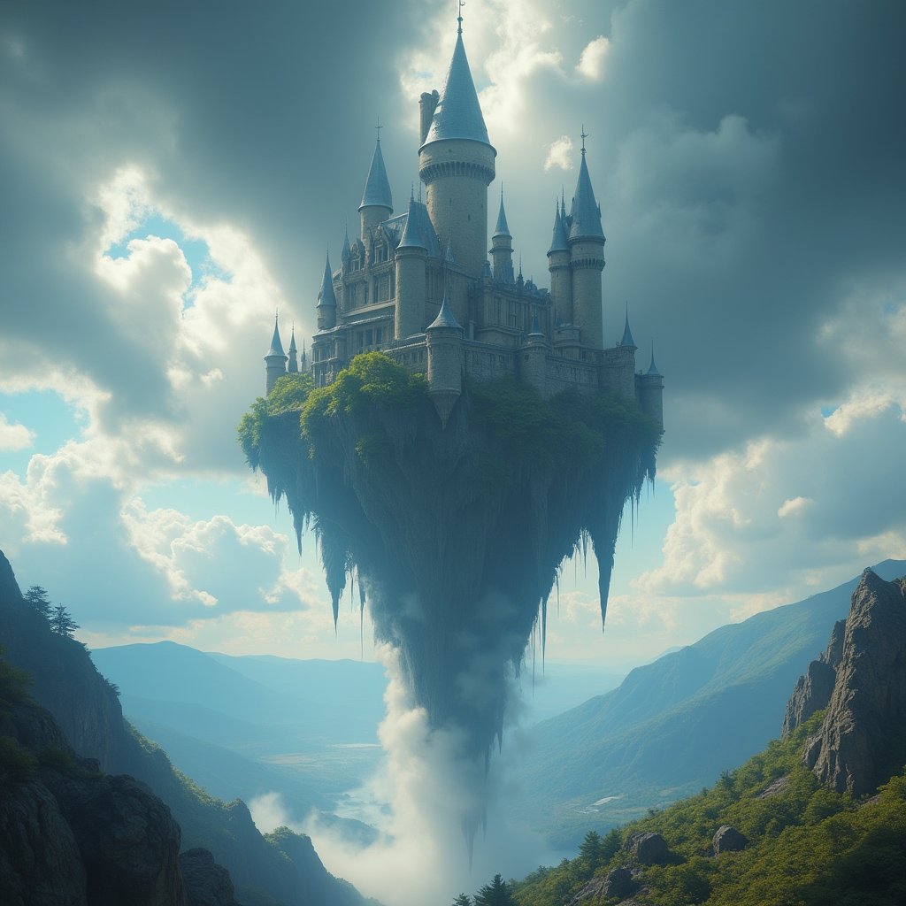 A cinematic, ultra-high-definition 8K shot of a majestic upside-down castle emerging from thick, swirling clouds, its towers and walls pointing downwards towards the Earth. The base of the castle is shrouded in ethereal mist, suspended in the sky. Beams of light break through the clouds, casting dramatic shadows onto the inverted structure. The grand scale of the castle contrasts against the expansive sky, evoking a sense of fantasy and awe. The detailed, realistic depiction is set in a wilderness backdrop, with rugged terrain and distant mountains visible below.