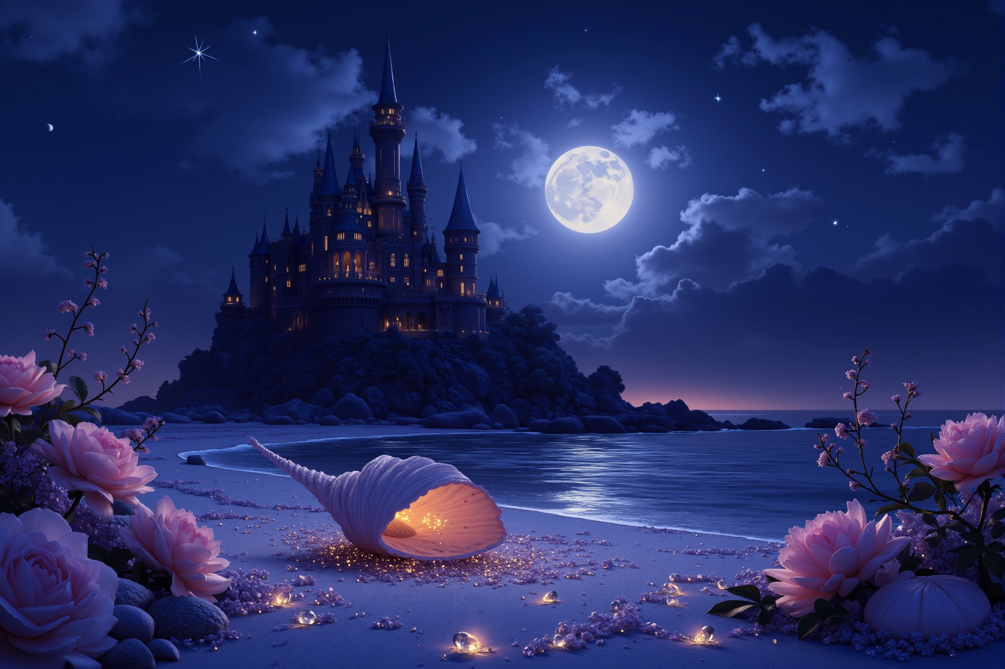 Majestic castle's delicate silhouette against night sky, towers and turrets gentle outline amidst picturesque beach scene, soft sunlight casting warm glow on snow-white sand, vibrant roses and large shiny shells intermingling with diamond crystals, full moon rising over smoky horizon, wispy tendrils of fire dancing in darkness, camera capturing enchanting scene in breathtaking 8K, transporting viewers to fantasy realm, delicate balance of light and shadow creating otherworldly atmosphere.