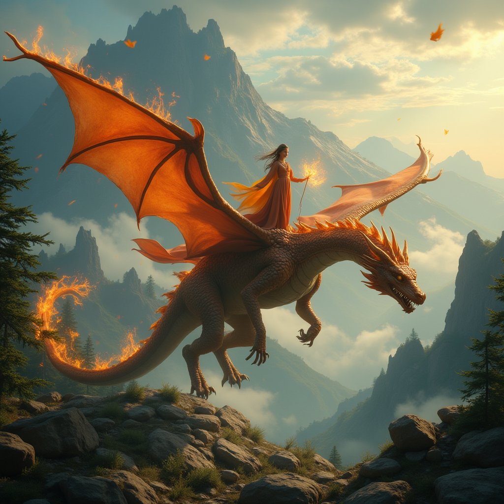 A cinematic shot of a futuristic dragon soaring through a wilderness landscape, with a princess woman standing on its back, her robes flowing in the wind. The dragon's scales glisten with fiery hues, casting a warm glow over the rugged terrain. The woman holds a staff, summoning bursts of fire around her. The composition is dramatic, with the dragon's majestic form framed against a backdrop of towering mountains and dense forests. The lighting is dynamic, highlighting the interplay of fire and shadow.