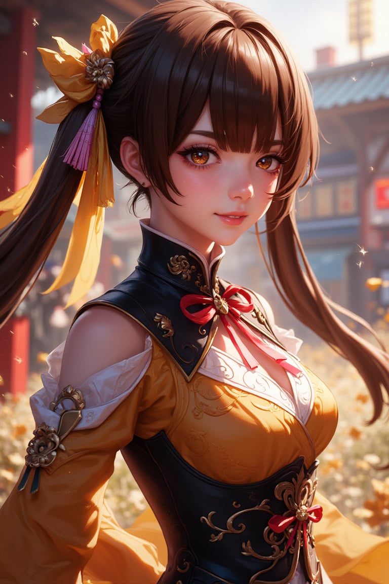 ((masterpiece, best quality)), high resolution, ultra detailed, 8k, 16k, detailed background, perfect lighting, 1girl, look_at_viewer, cowboy shot, Sushang HSR, brown eyes, brown hair, twintail, hair ornament, smile, standing confidently, vibrant environment, soft shadows, intricate details, dynamic composition.