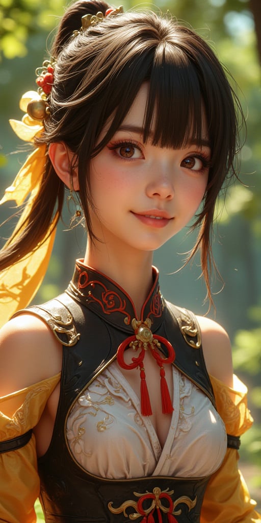 Portrait front, realistic woman ((masterpiece, best quality)), high resolution, ultra detailed, 8k, 16k, detailed background, perfect lighting, look_at_viewer, full body shot, wearing Sushang HSR costume, brown eyes, brown hair, twintail, hair ornament, smile, outdoors, natural sunlight, lush green surroundings, soft shadows, intricate details, dynamic composition.