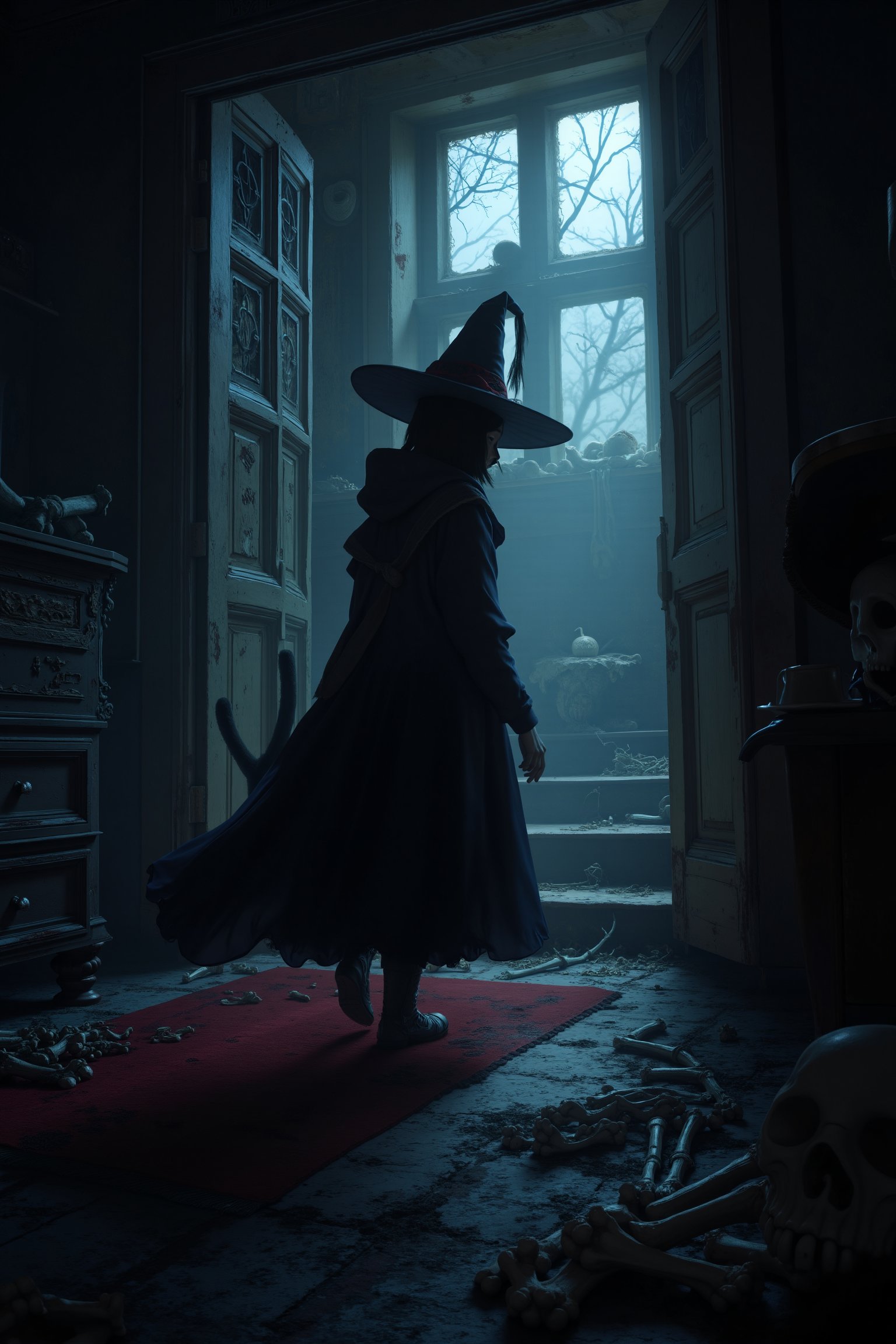 A 8K fantasy, anime realistic painting of a black cat wearing a witch costume, exploring an interior room of a haunted house. The room is filled with eerie, spooky atmosphere, featuring human bones scattered around, creating a terrifying ambiance. The cat's witch costume includes a pointed hat and a flowing cape, adding to the mysterious vibe. The scene is framed with a wide-angle shot, capturing the dark and ominous interior. The lighting is dim and shadowy, with occasional bursts of light from hidden sources, enhancing the sense of fear and suspense.