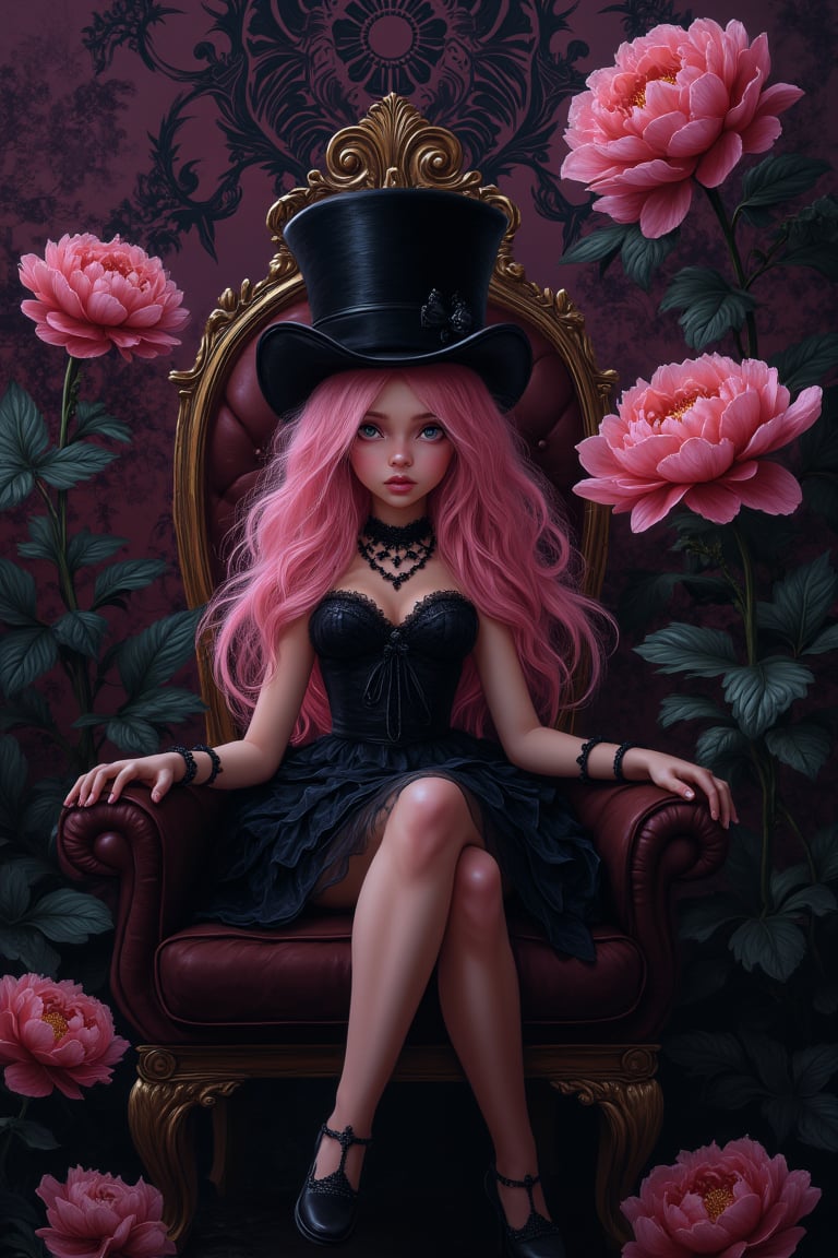 Gothic whimsical illustration, fairy with pink hair sitting on ornate chair beside tall pink peony, large black top hat, gothic maiden style with black stripes, air of evil intent, realistic and vibrant, inspired by James Sessions and Nicoletta Ceccoli, oil painting format, dark gothic pattern background, detailed composition, dynamic lighting, focused on fairy's mysterious pose, immersive environment blending fantasy and gothic elements.