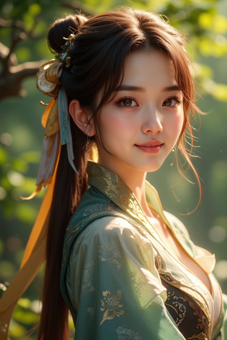 Portrait realistic woman ((masterpiece, best quality)), high resolution, ultra detailed, 8k, 16k, detailed background, perfect lighting, look_at_viewer, full body shot, wearing Sushang HSR costume, brown eyes, brown hair, twintail, hair ornament, smile, outdoors, natural sunlight, lush green surroundings, soft shadows, intricate details, dynamic composition.