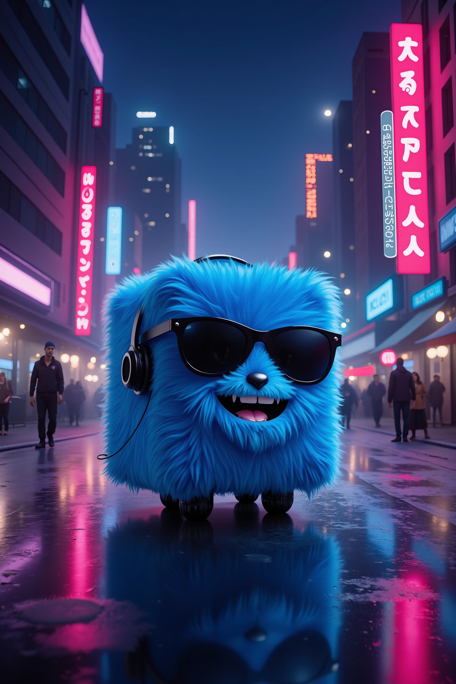 A vibrant cyberpunk cityscape with colorful neon lights illuminating the scene. In the center, the mascot Flux TenTen is depicted as a blue, furry cube with a cheerful smile, wearing black sunglasses and headphones. The mascot stands amidst futuristic skyscrapers and bustling streets, surrounded by neon lights casting dynamic shadows. The composition highlights the mascot's playful demeanor against the backdrop of a bustling, neon-lit city.