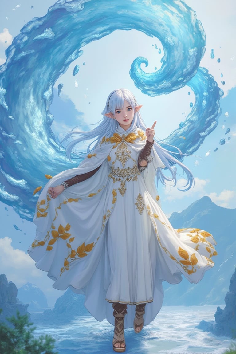 (Pointing at the observer, looking straight ahead:1.4), {{{{{{{{masterpiece}}}}}}}}, an elf cosplay of adventure girl costume, white hair, long hair, :), blue eyes, kawaii face, ;), portrait, BREAK, flower sandals, elven dress, leaf-patterned cloak, leather boots, a young female anime character, white and azure, traditional techniques reimagined, subtle shades, light white and orange, style Genshin Impact, by Genshin Impact, a landscape of Genshin Impact Mondstadt with plains and clouds, mountains blue, by mihoyo, AGGA_ST004, {{{{{{{floating water}}}}}}}, dynamic pose, water magic, spiral floating water, enchanting magic, raised skirt, real hands.