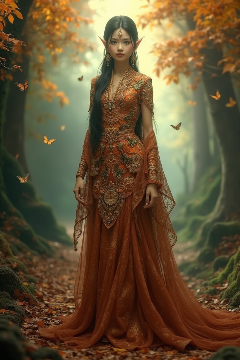 A front view of a radiant Indonesian-faced Elf woman, wearing a luxurious batik gown, standing in a mystical autumn forest. Her body glows, with striking blue eyes, surrounded by small birds and fluttering butterflies. The scene captures the enchanting beauty of the wilderness. Ultra-high definition 8K image.