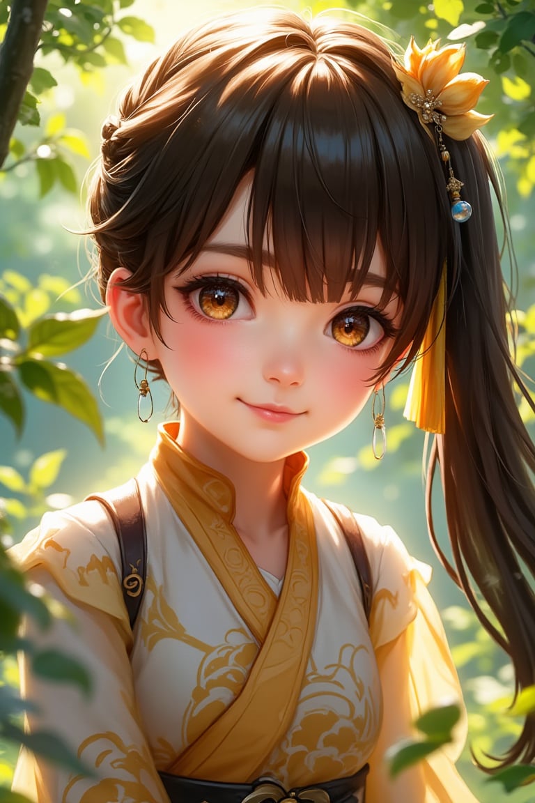 ((masterpiece, best quality)), high resolution, ultra detailed, 8k, 16k, detailed background, perfect lighting, 1girl, look_at_viewer, full body shot, Sushang HSR, brown eyes, brown hair, twintail, hair ornament, smile, outdoors, natural sunlight, lush green surroundings, soft shadows, intricate details, dynamic composition.