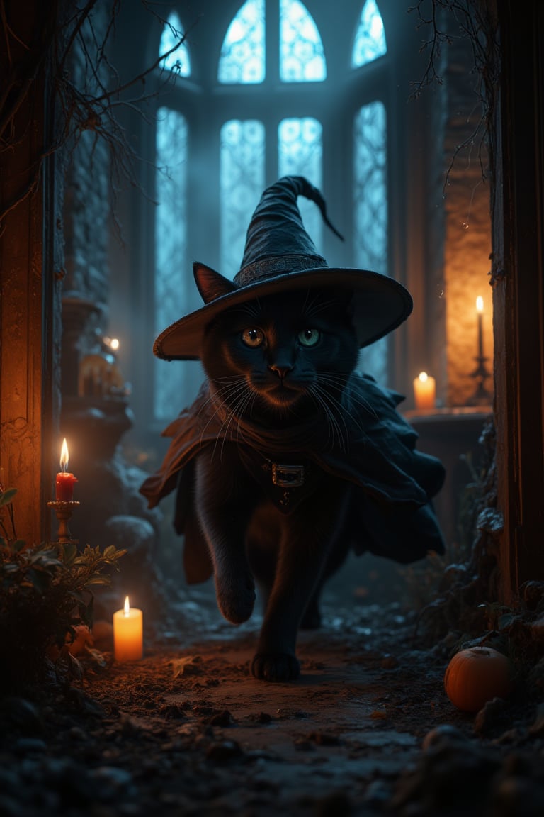 A fantasy scene featuring a black cat wearing a witch costume, exploring a haunted house. The cat's costume includes a pointed hat and a flowing cape, adding to the eerie atmosphere. The haunted house is filled with cobwebs, flickering candles, and shadowy corners. The cat's eyes glow with an otherworldly light as it prowls through the dimly lit rooms, framed by a wide-angle shot that captures the spooky ambiance. The lighting is low and moody, with deep shadows and occasional bursts of light from the candles, enhancing the sense of mystery and intrigue.