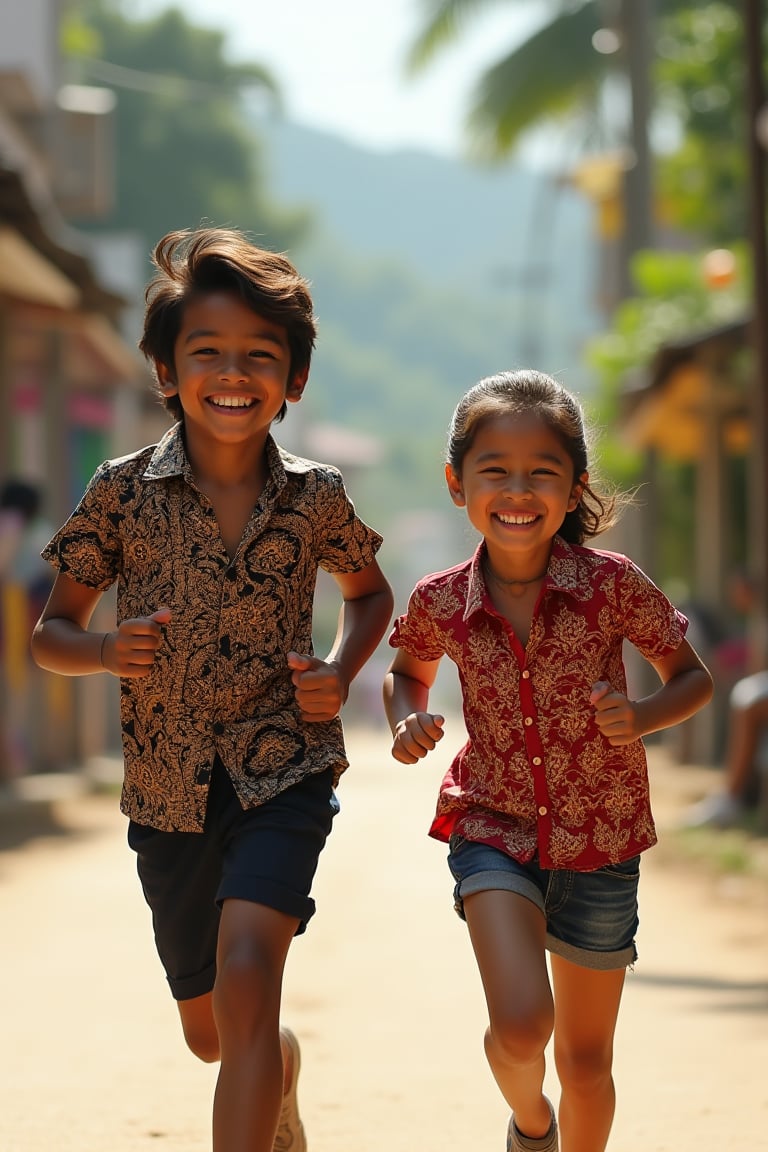 A vibrant scene of a teenage boy and girl, both wearing batik-patterned shirts, running joyfully down a lively Indonesian street. The 8K ultra-high detailed image captures their radiant smiles and the intricate batik designs on their shirts. The composition frames them in mid-stride, with the bustling street and tropical landscape in the background. The lighting is bright and warm, enhancing the sense of happiness and the colorful surroundings.