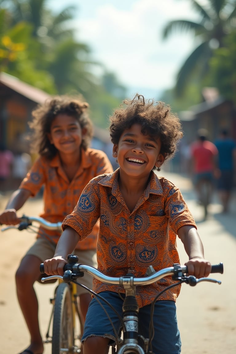 A joyful scene of a teenage boy and girl, both wearing batik-patterned shirts, riding bicycles on a bustling Indonesian street. They are smiling and laughing, capturing a sense of happiness and excitement. The 8K ultra-high detailed image showcases intricate batik designs on their shirts, the vibrant street life, and the tropical environment. The composition frames the duo in the foreground, with the lively street and distant landscape adding depth. The lighting is bright and warm, highlighting their expressions and the colorful surroundings.