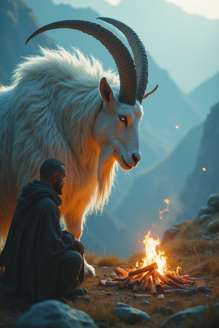 A detailed high-definition photograph of a mythical creature and a man in front of a small fire. A massive, white goat with large, curved horns stands patiently, its thick, wild fur glistening in the early morning light. A cloaked male figure kneels by the fire, gazing thoughtfully at the flames. The scene is set in a mountainous landscape, with early morning light casting a golden and blue glow, illuminating the misty atmosphere. The vibrant colors and bright lighting enhance the detailed photograph, capturing the mystical and serene ambiance of the scene.