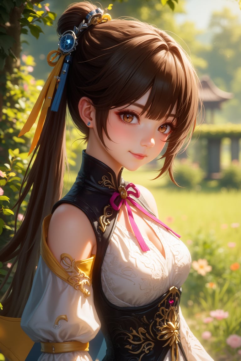 ((masterpiece, best quality)), high resolution, ultra detailed, 8k, 16k, detailed background, perfect lighting, 1girl, look_at_viewer, full body shot, Sushang HSR, brown eyes, brown hair, twintail, hair ornament, smile, outdoors, natural sunlight, lush green surroundings, soft shadows, intricate details, dynamic composition.